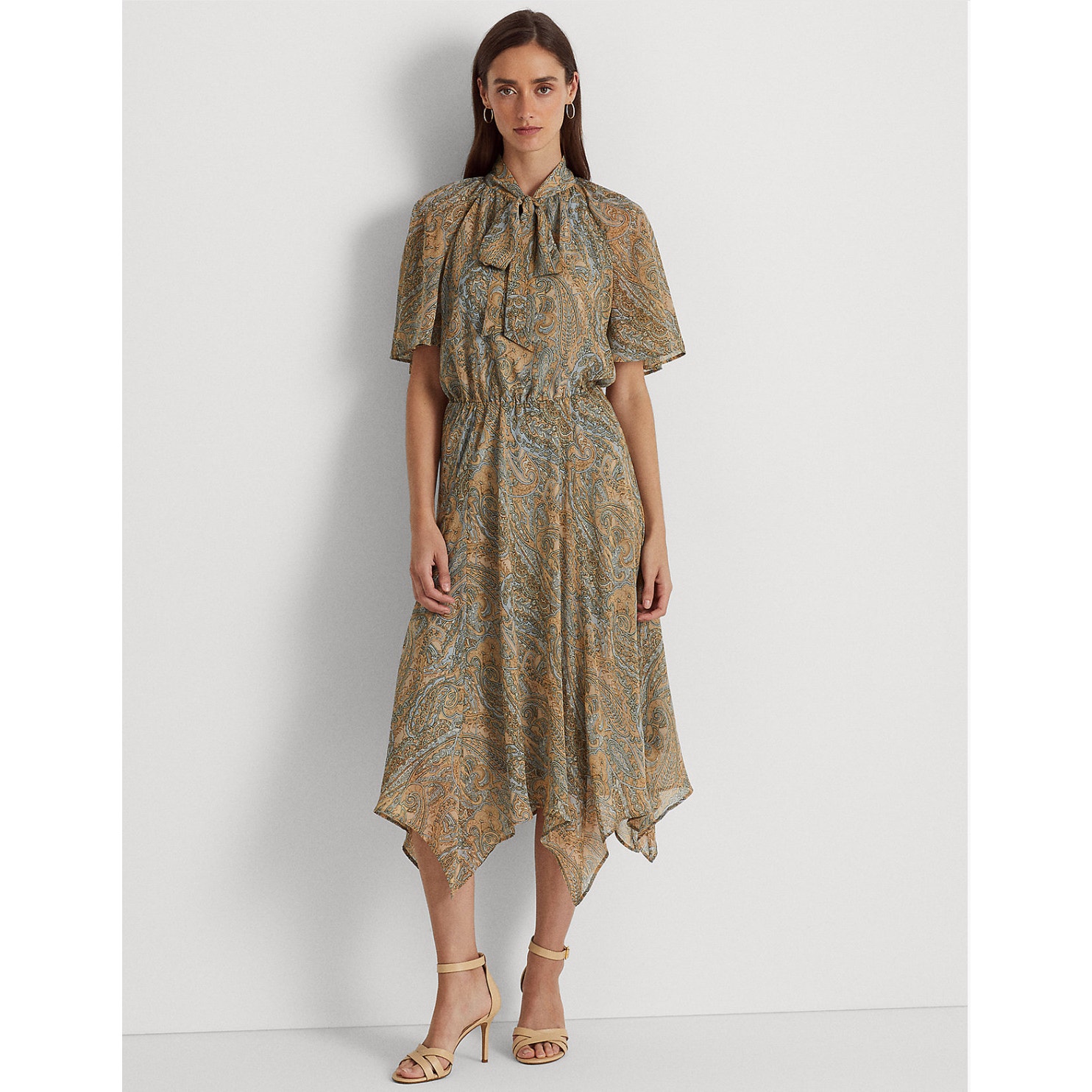 Lauren Ralph Lauren Women's Paisley Georgette Tie-Neck Midi Dress 10 Nwt